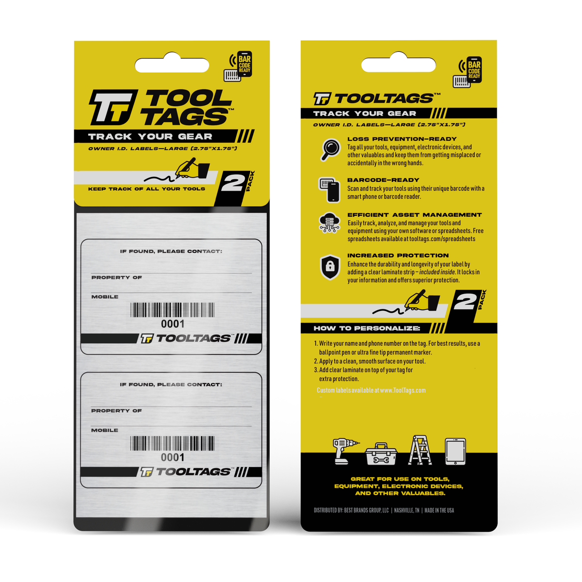 ToolTags® Barcode Labels - Personalized Owner ID Labels - Includes Optional Laminate Size: Large (2 Labels)