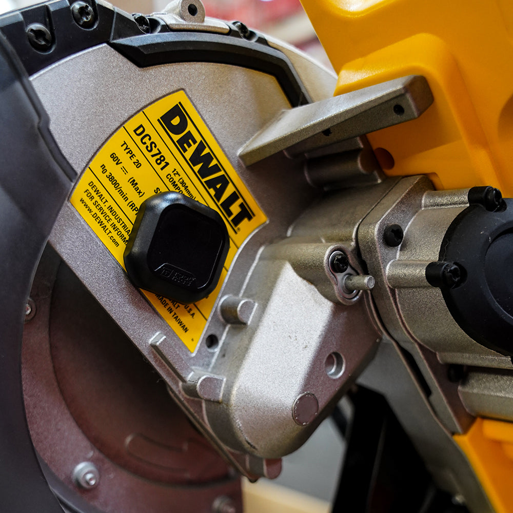 Close up of a Tool Tags AirTag Protector Case on a Dewalt Table Saw